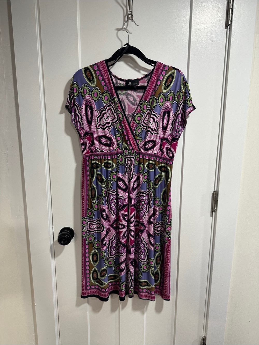 AB Studio Pink Paisley-Print Midi Dress with Green and Purple Accents